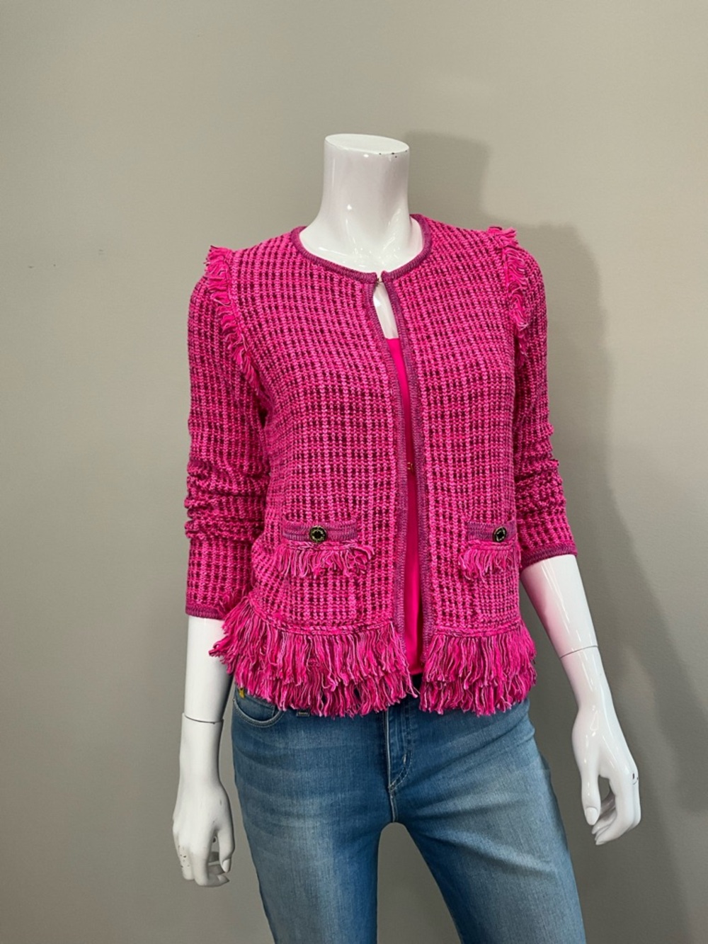 LILLY PULITZER Hot Pink Tweed Jacket Fringe Trim Gold Buttons XS